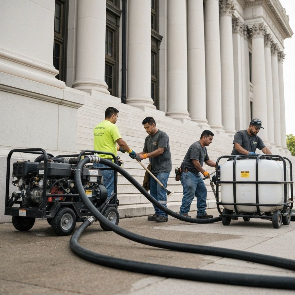 Professional water damage cleanup crew working near Minneapolis City Hall government building